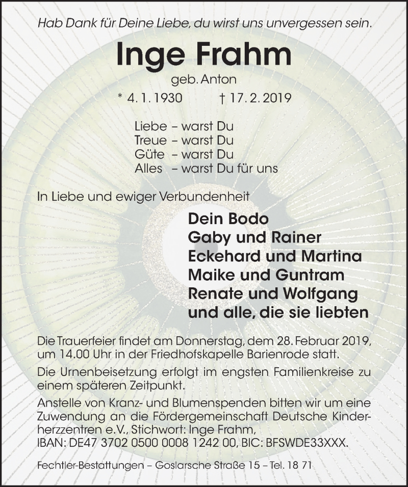  Traueranzeige für Inge Frahm vom 23.02.2019 aus Hildesheimer Allgemeine Zeitung