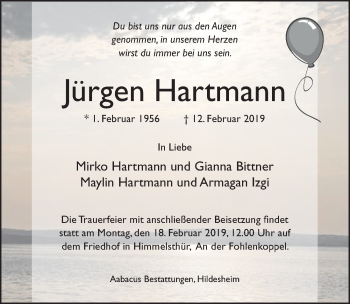 Traueranzeige von Jürgen Hartmann von Hildesheimer Allgemeine Zeitung