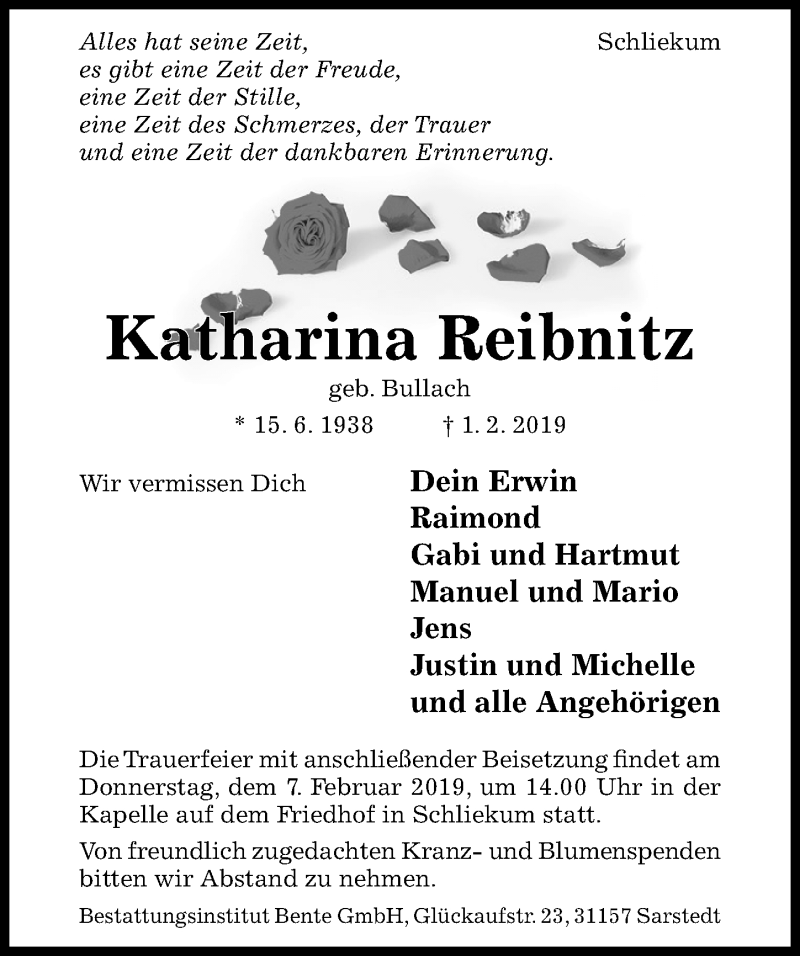  Traueranzeige für Katharina Reibnitz vom 05.02.2019 aus Hildesheimer Allgemeine Zeitung