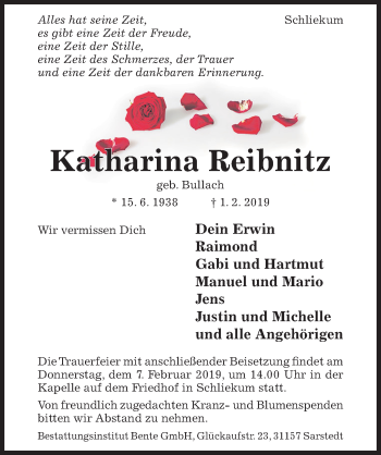 Traueranzeige von Katharina Reibnitz von Hildesheimer Allgemeine Zeitung