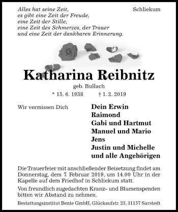 Traueranzeige von Katharina Reibnitz von Hildesheimer Allgemeine Zeitung