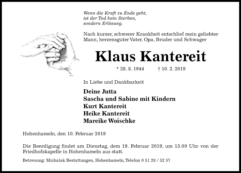  Traueranzeige für Klaus Kantereit vom 13.02.2019 aus Hildesheimer Allgemeine Zeitung