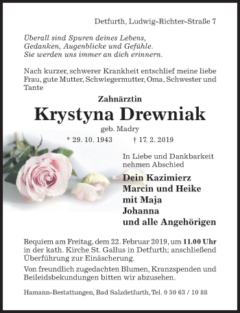 Traueranzeige von Krystyna Drewniak von Hildesheimer Allgemeine Zeitung