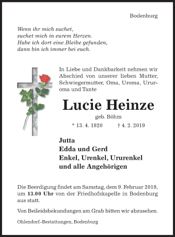 Traueranzeige von Lucie Heinze von Hildesheimer Allgemeine Zeitung