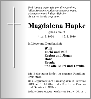 Traueranzeige von Magdalena Hapke von Hildesheimer Allgemeine Zeitung