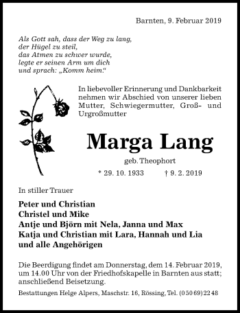 Traueranzeige von Marga Lang von Hildesheimer Allgemeine Zeitung