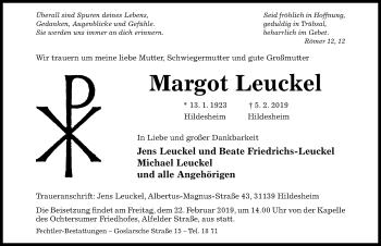 Traueranzeige von Margot Leuckel von Hildesheimer Allgemeine Zeitung