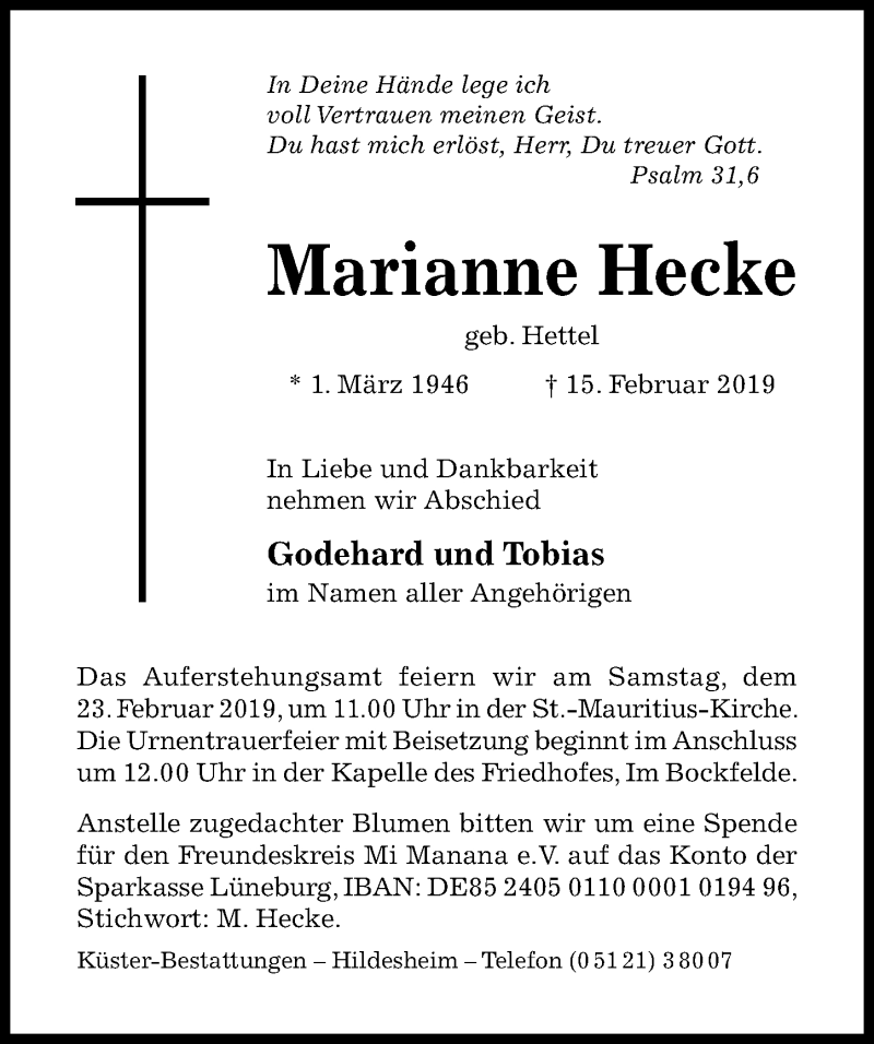  Traueranzeige für Marianne Hecke vom 19.02.2019 aus Hildesheimer Allgemeine Zeitung