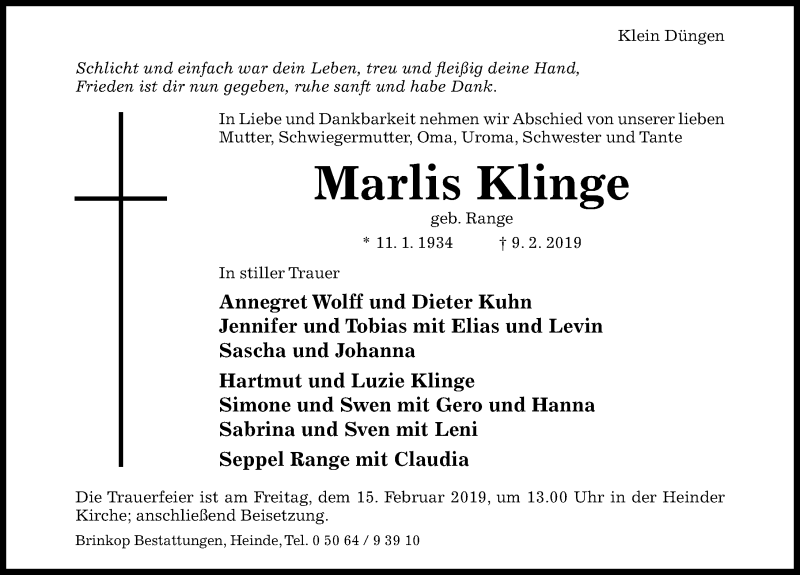  Traueranzeige für Marlis Klinge vom 13.02.2019 aus Hildesheimer Allgemeine Zeitung