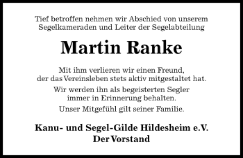 Traueranzeige von Martin Ranke von Hildesheimer Allgemeine Zeitung
