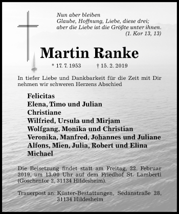 Traueranzeige von Martin Ranke von Hildesheimer Allgemeine Zeitung