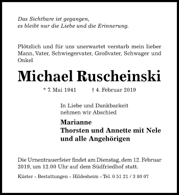 Traueranzeige von Michael Ruscheinski von Hildesheimer Allgemeine Zeitung