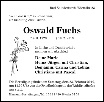 Traueranzeige von Oswald Fuchs von Hildesheimer Allgemeine Zeitung