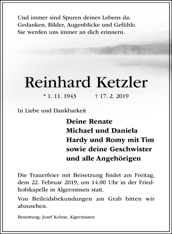 Traueranzeige von Reinhard Ketzler von Hildesheimer Allgemeine Zeitung