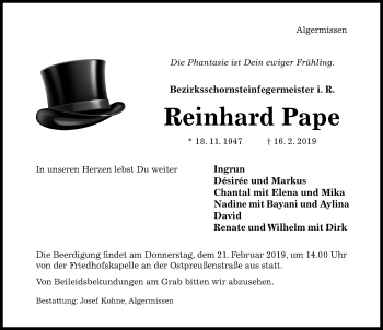 Traueranzeige von Reinhard Pape von Hildesheimer Allgemeine Zeitung