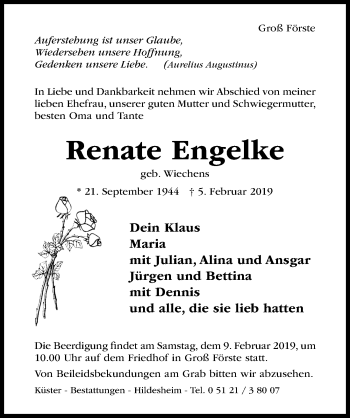 Traueranzeige von Renate Engelke von Hildesheimer Allgemeine Zeitung