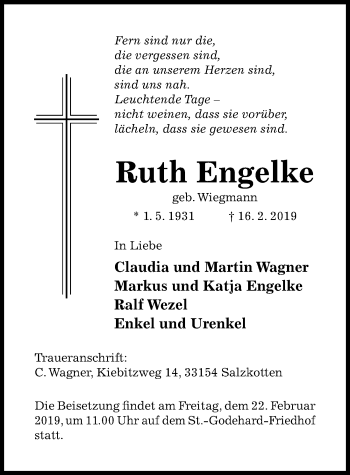 Traueranzeige von Ruth Engelke von Hildesheimer Allgemeine Zeitung