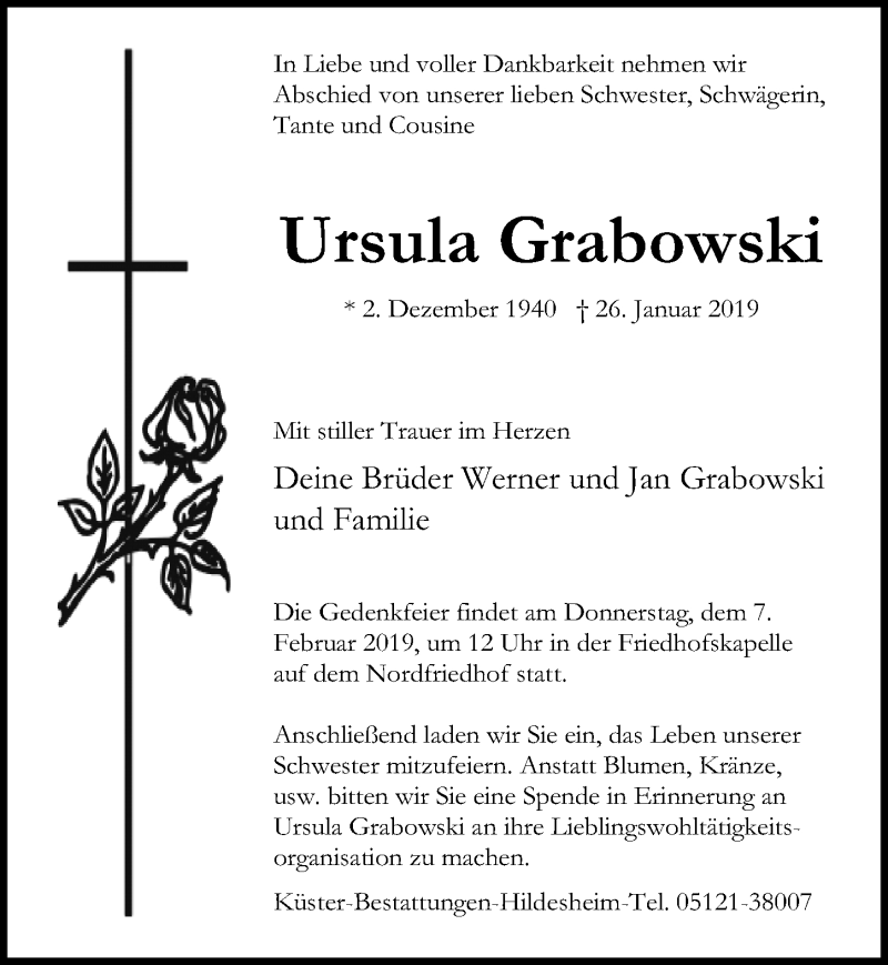  Traueranzeige für Ursula Grabowski vom 02.02.2019 aus Hildesheimer Allgemeine Zeitung