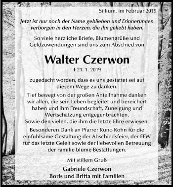 Traueranzeige von Walter Czerwon von Hildesheimer Allgemeine Zeitung