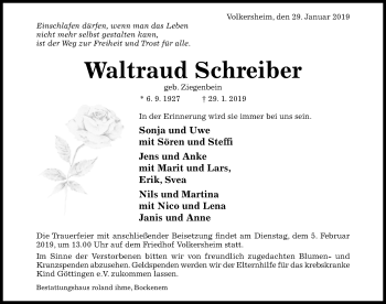 Traueranzeige von Waltraud Schreiber von Hildesheimer Allgemeine Zeitung