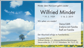 Traueranzeige von Wilfried Minder von Hildesheimer Allgemeine Zeitung