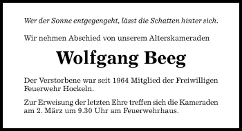 Traueranzeige von Wolfgang Beeg von Hildesheimer Allgemeine Zeitung