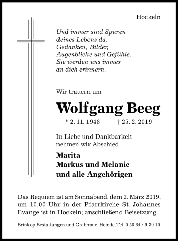 Traueranzeige von Wolfgang Beeg von Hildesheimer Allgemeine Zeitung