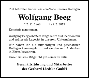 Traueranzeige von Wolfgang Beeg von Hildesheimer Allgemeine Zeitung