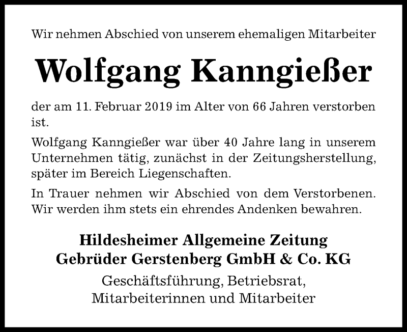  Traueranzeige für Wolfgang Kanngießer vom 23.02.2019 aus Hildesheimer Allgemeine Zeitung