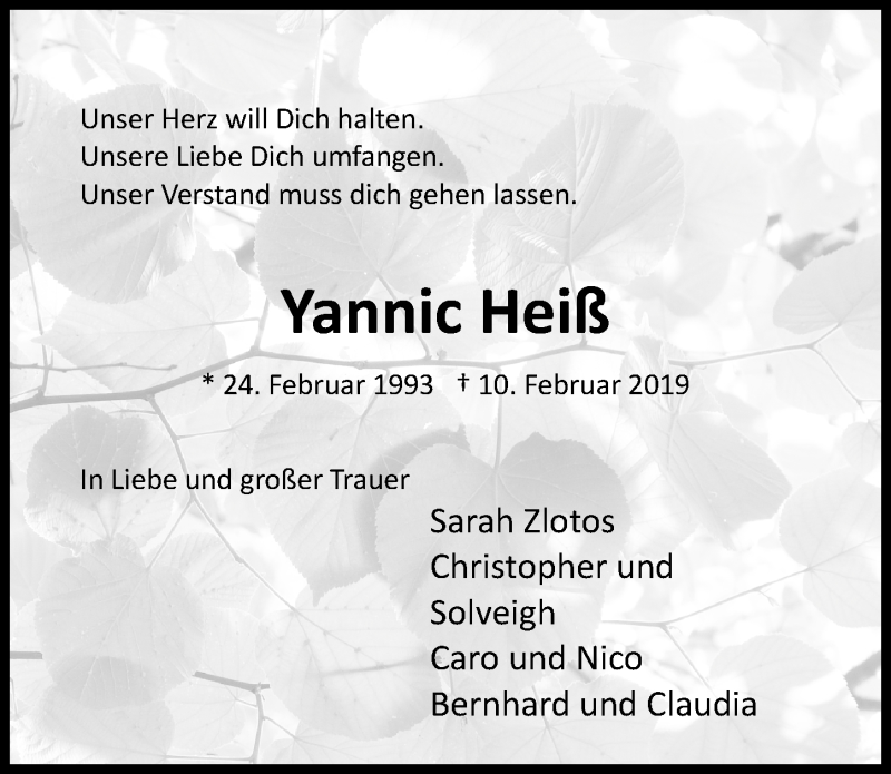  Traueranzeige für Yannic Heiß vom 13.02.2019 aus Hildesheimer Allgemeine Zeitung
