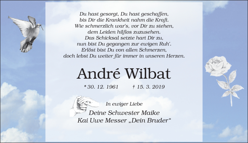  Traueranzeige für André Wilbat vom 16.03.2019 aus Hildesheimer Allgemeine Zeitung