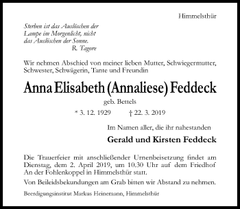Traueranzeige von Anna Elisabeth Feddeck von Hildesheimer Allgemeine Zeitung