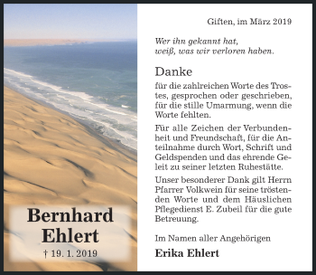 Traueranzeige von Bernhard Ehlert von Hildesheimer Allgemeine Zeitung