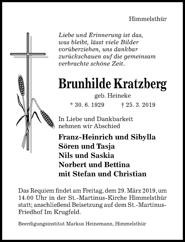  Traueranzeige für Brunhilde Kratzberg vom 27.03.2019 aus Hildesheimer Allgemeine Zeitung