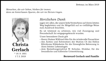 Traueranzeige von Christa Gerlach von Hildesheimer Allgemeine Zeitung