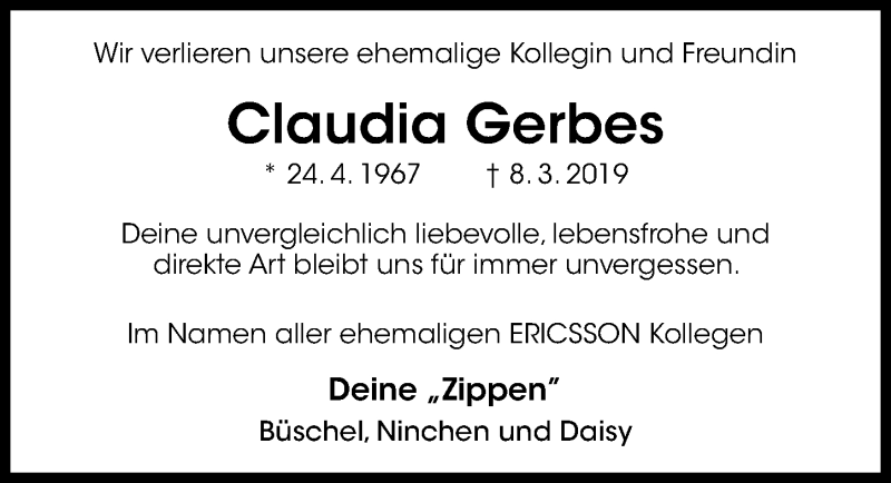  Traueranzeige für Claudia Gerbes vom 16.03.2019 aus Hildesheimer Allgemeine Zeitung