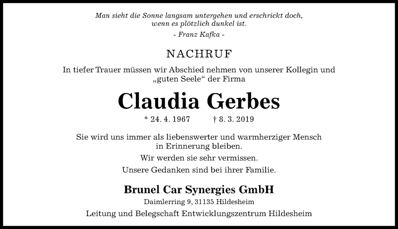  Traueranzeige für Claudia Gerbes vom 23.03.2019 aus Hildesheimer Allgemeine Zeitung
