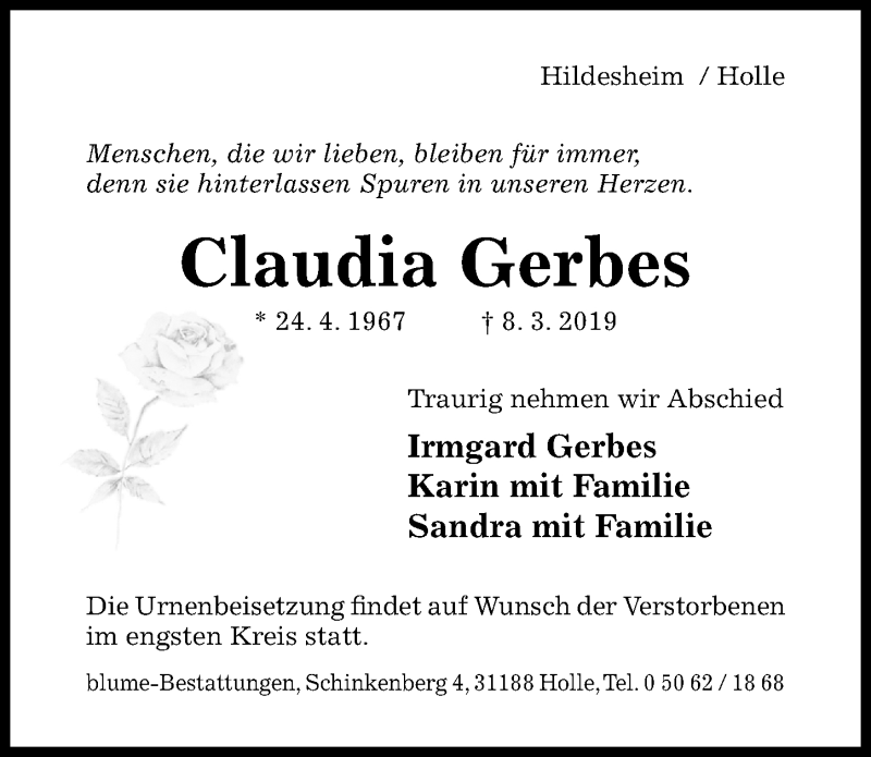  Traueranzeige für Claudia Gerbes vom 16.03.2019 aus Hildesheimer Allgemeine Zeitung