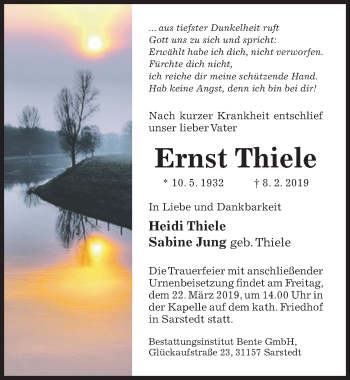 Traueranzeige von Ernst Thiele von Hildesheimer Allgemeine Zeitung