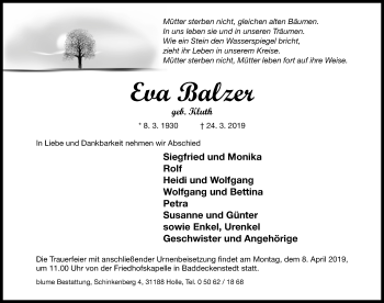 Traueranzeige von Eva Balzer von Hildesheimer Allgemeine Zeitung