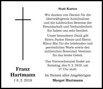 Traueranzeige von Franz Hartmann von Hildesheimer Allgemeine Zeitung