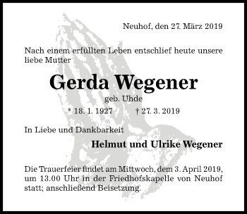 Traueranzeige von Gerda Wegener von Hildesheimer Allgemeine Zeitung