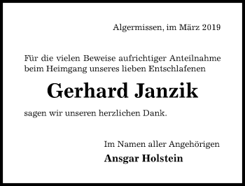 Traueranzeige von Gerhard Janzik von Hildesheimer Allgemeine Zeitung