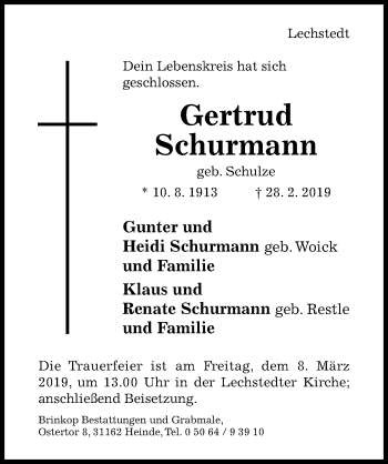 Traueranzeige von Gertrud Schurmann von Hildesheimer Allgemeine Zeitung