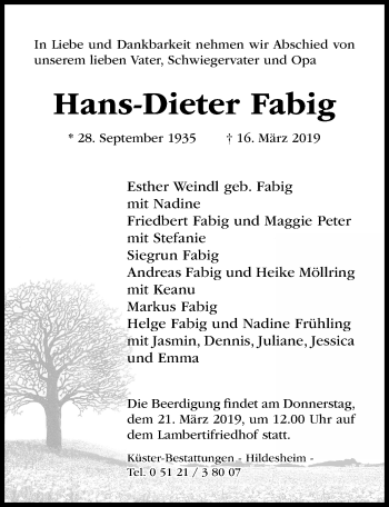 Traueranzeige von Hans-Dieter Fabig von Hildesheimer Allgemeine Zeitung