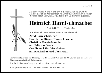 Traueranzeige von Heinrich Harnischmacher von Hildesheimer Allgemeine Zeitung