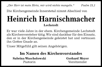 Traueranzeige von Heinrich Harnischmacher von Hildesheimer Allgemeine Zeitung