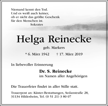 Traueranzeige von Helga Reinecke von Hildesheimer Allgemeine Zeitung