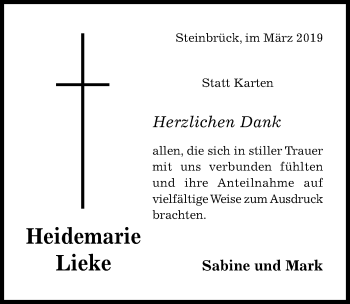 Traueranzeige von Hidemarie Lieke von Hildesheimer Allgemeine Zeitung