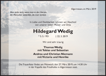 Traueranzeige von Hildegard Wedig von Hildesheimer Allgemeine Zeitung
